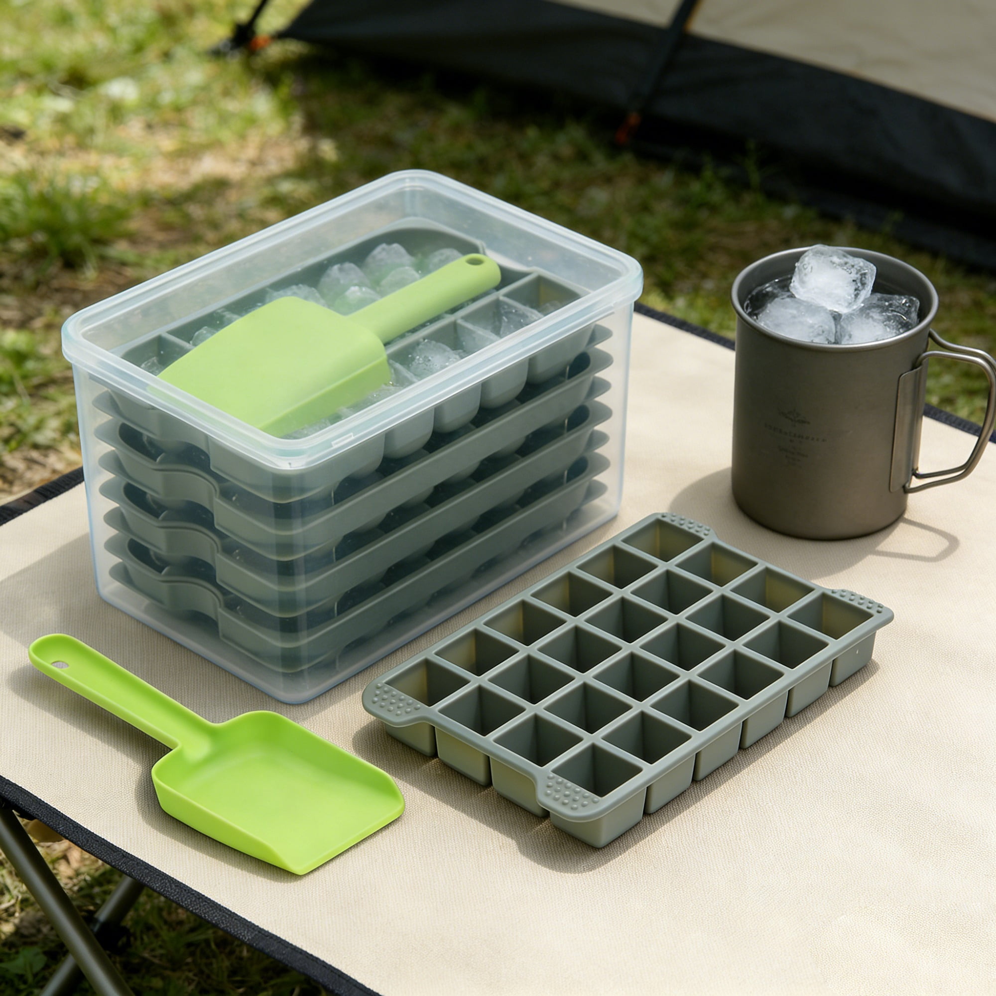 Ice Cube Tray Set with Container & Scoop  4 Pack Silicone Ice Maker for Cocktails, Whiskey, and Coffee, Easy-Release & Stackable