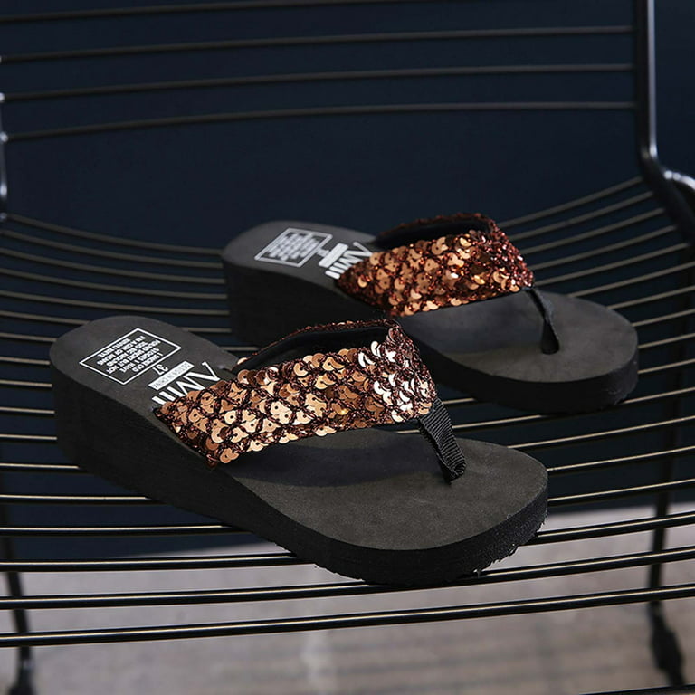 Dpityserensio Women's Summer Wedge Heel Flip Flops Sequin Slippers Beach  Non-slip Shoes Sandals for Women Coffee 8(39)