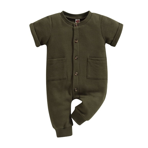Busydd Baby Romper Fashion Ribbed Solid Color Short Sleeve Girls Rompers Casual Summer Lapel Button Pockets Boys Clothes 6-12 Months