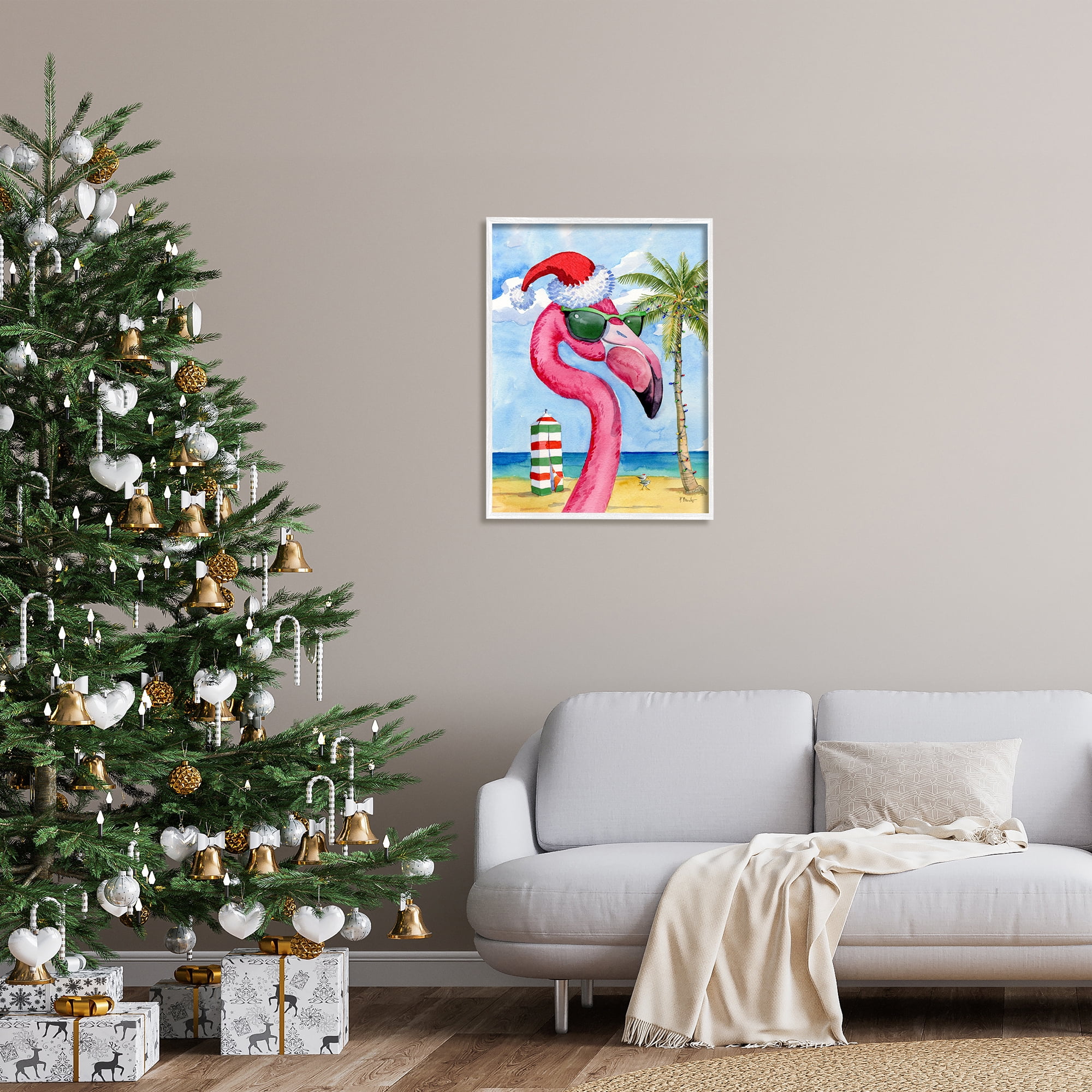 Stupell Industries Flamingo Tropical Christmas Holiday Painting White Framed Art Print Wall Art, 24 x 30