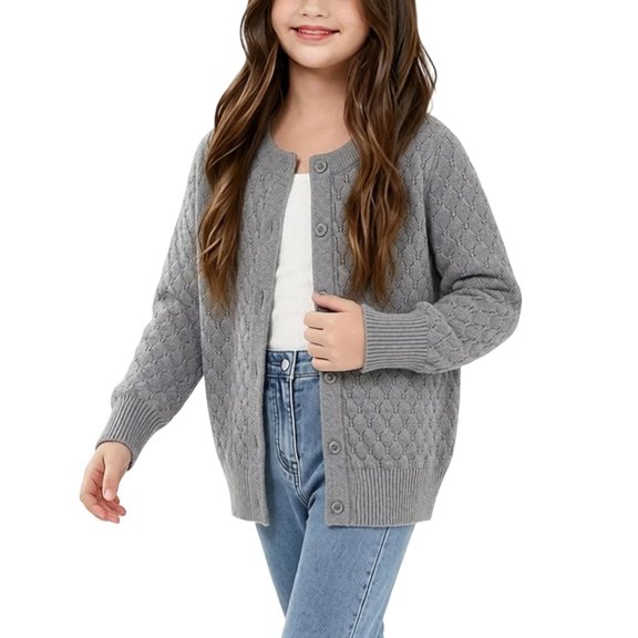 Wilark Girls Button Front Cardigans Size 10, Long Sleeve Hollow Out Cotton Knitted Fall Sweaters Gray