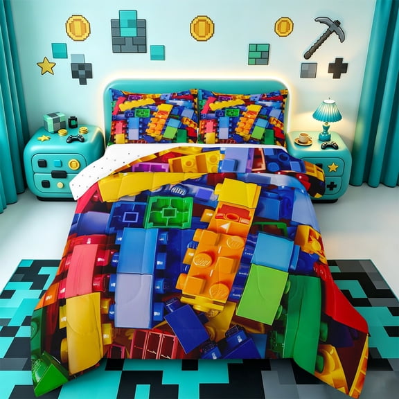 jejeloiu Rainbow Construction Brick Bedding Comforter Set,Funny Patchwork Geometric Twin Comforter Sets,Blue Yellow Toy Bedding Set For Boys Kids,Microfiber Bedroom Decor Reversible,2-Piece