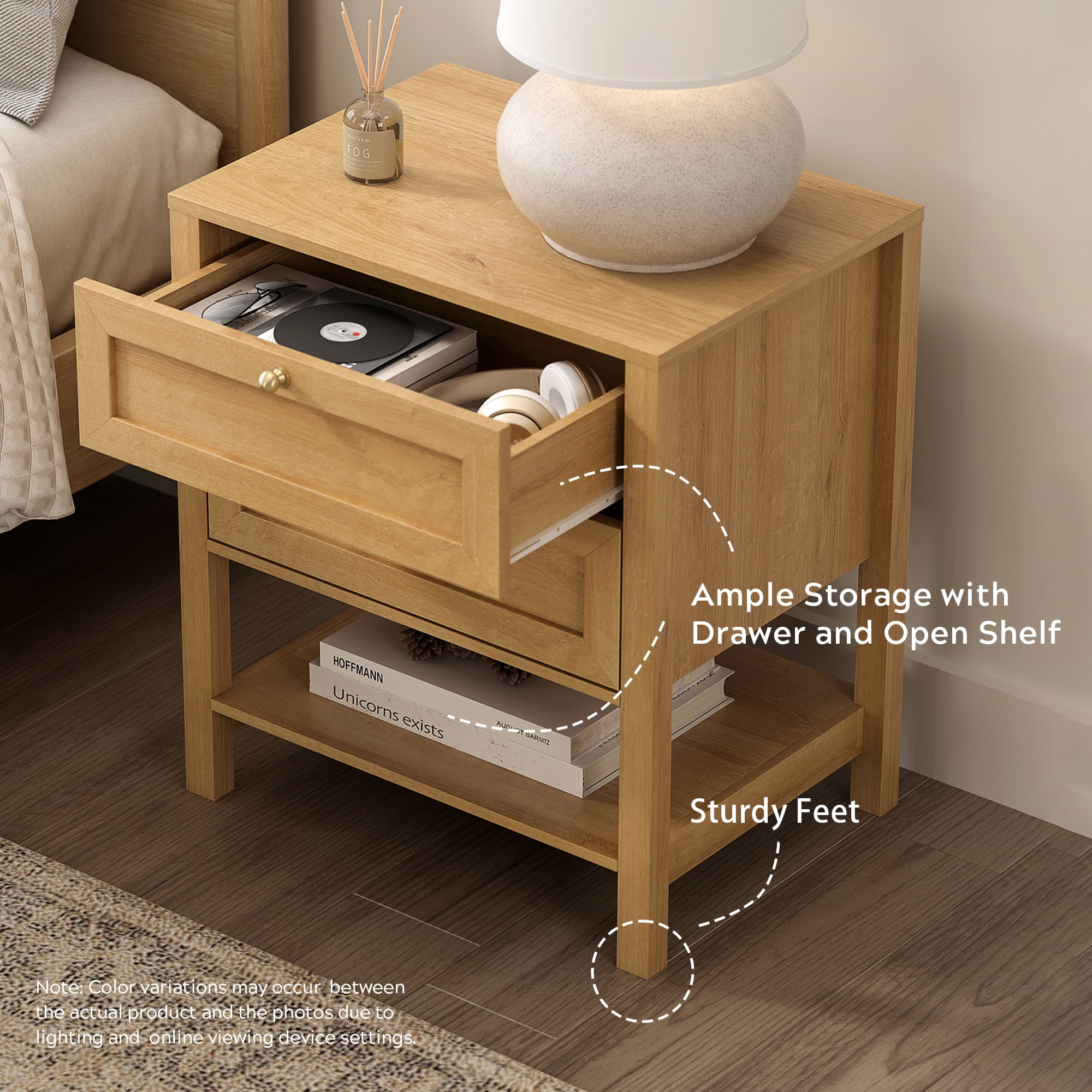 EYYTHUNG Large Nightstand with 2 Drawers, Large Farmhouse Wood Bedside Table with Open Shelf, 22" Wide Tall End Table for Sofa, Bedroom, Natural Oak
