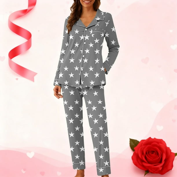 Pijama informal de manga larga con estampado para mujer, traje de pijama con solapa holgada y bolsillo con botones, top y pantalones de poliéster.