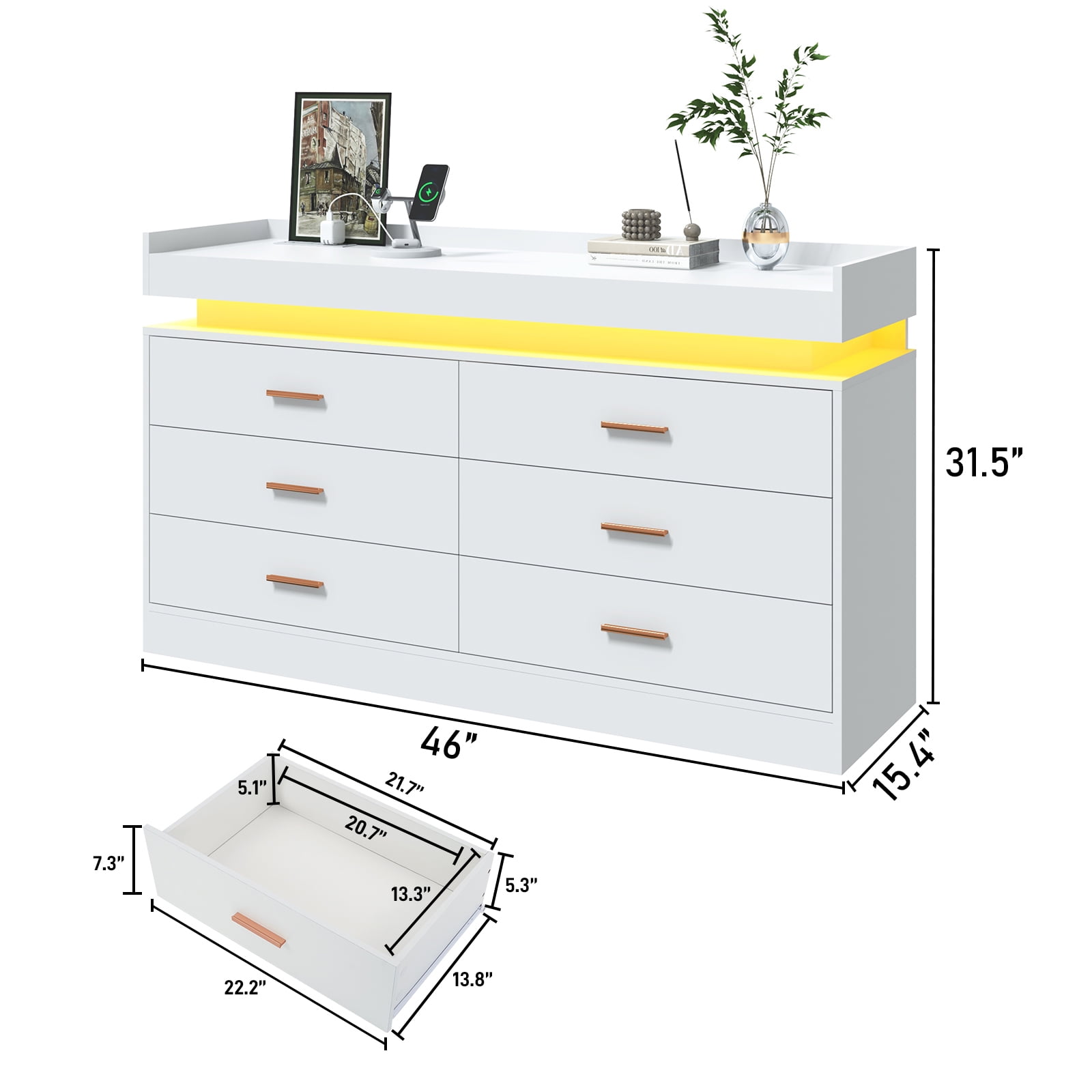 ChVans White Dresser with LED Light and Charging Station, Modern Wood Dresser with Wide Drawers and Metal Handles, 6 drawer dresser for Bedroom, Living Room, Entryway, Hallway