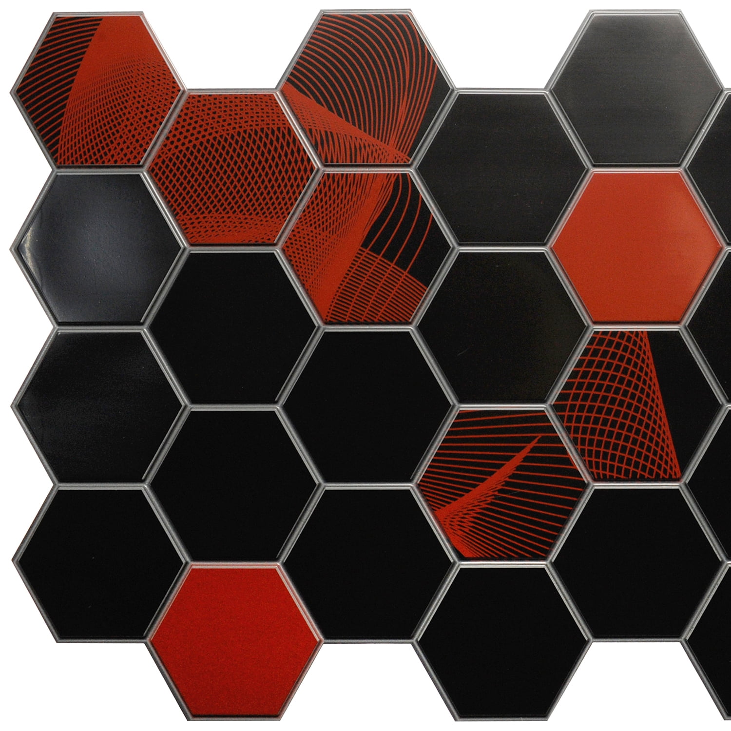 Black Red Brown Faux Hexagon Mosaic, 3.2 ft x 1.6 ft, PVC 3D Wall Panel, Interior Design Wall