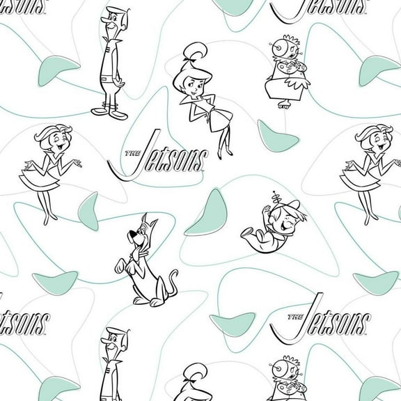 The Jetsons Line Art White and Mint 100% Cotton Fabric Sold by the Yard