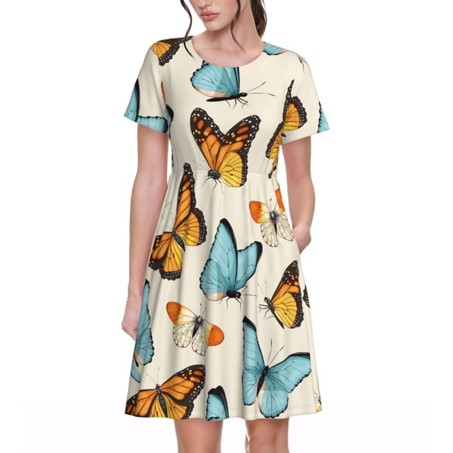 Vsdgher Papillons pour Femmes Été 2025 Robes Midi Maxi Décontractées Légères Manches Courtes Col Rond Robe de Plage