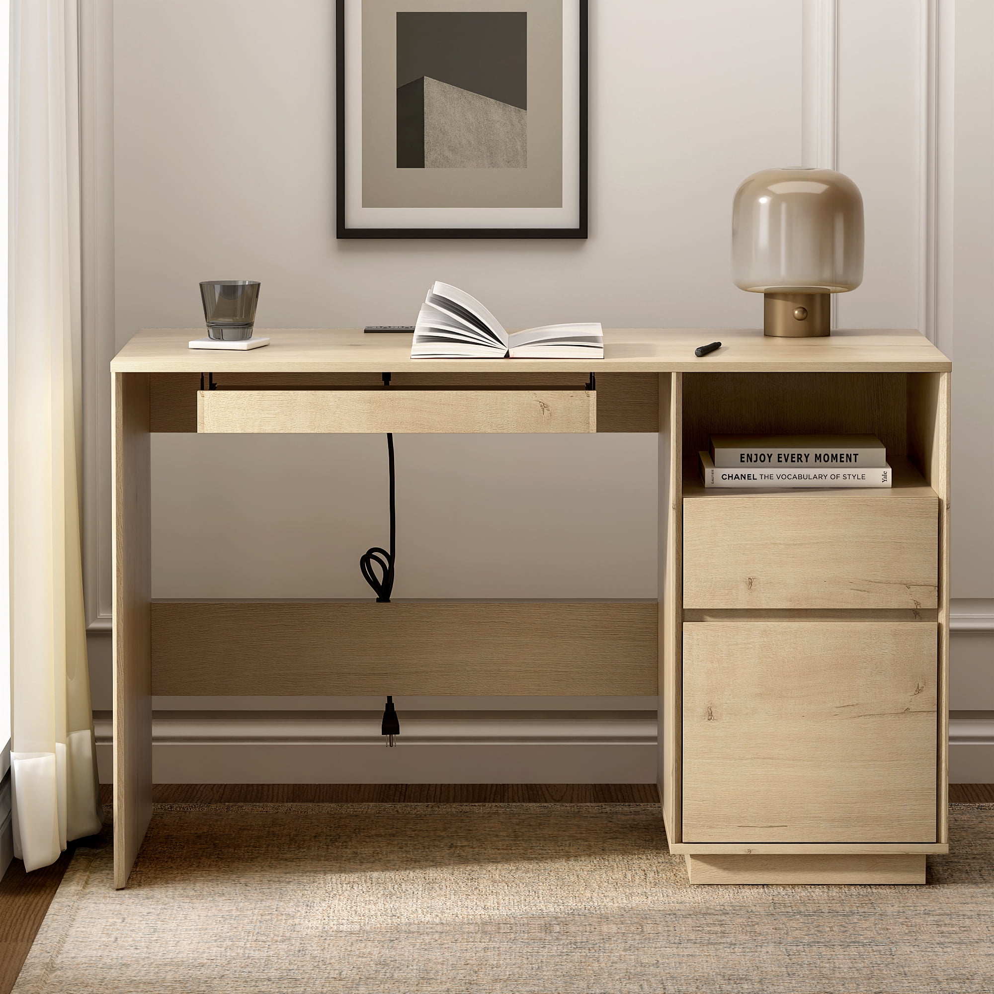 EYYTHUNG 47" Office Desk, Farmhouse Executive Desk with File Drawer & Outlet, Wood Computer Desks with Keyboard Tray, Light Oak