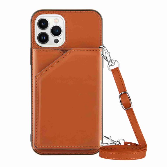 iPhone 13 Pro Max Crossbody Case Luxury PU Leather Card Slot Holders Wallet Protective Cover with Adjustable Strap Lanyard ,Brown