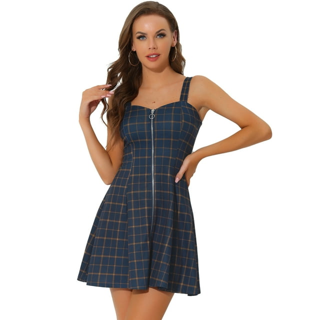 INSPIRE CHIC Robe Sans Manches à Carreaux pour Femmes avec Bretelles et Fermeture Éclair devant Bleu Marine P