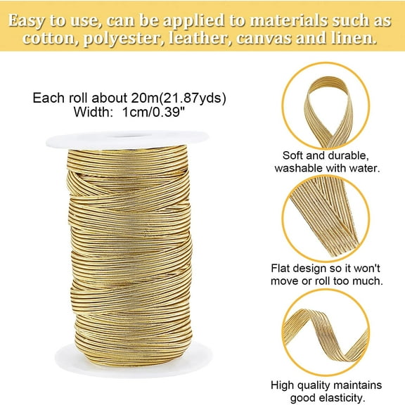 1set 21.87 Yards 10mm Width golden Elastic Band Glitter Metallic Flat Elastic Strap Elastic Band Elastic Stretch Ribbon for Sewing and Crafting