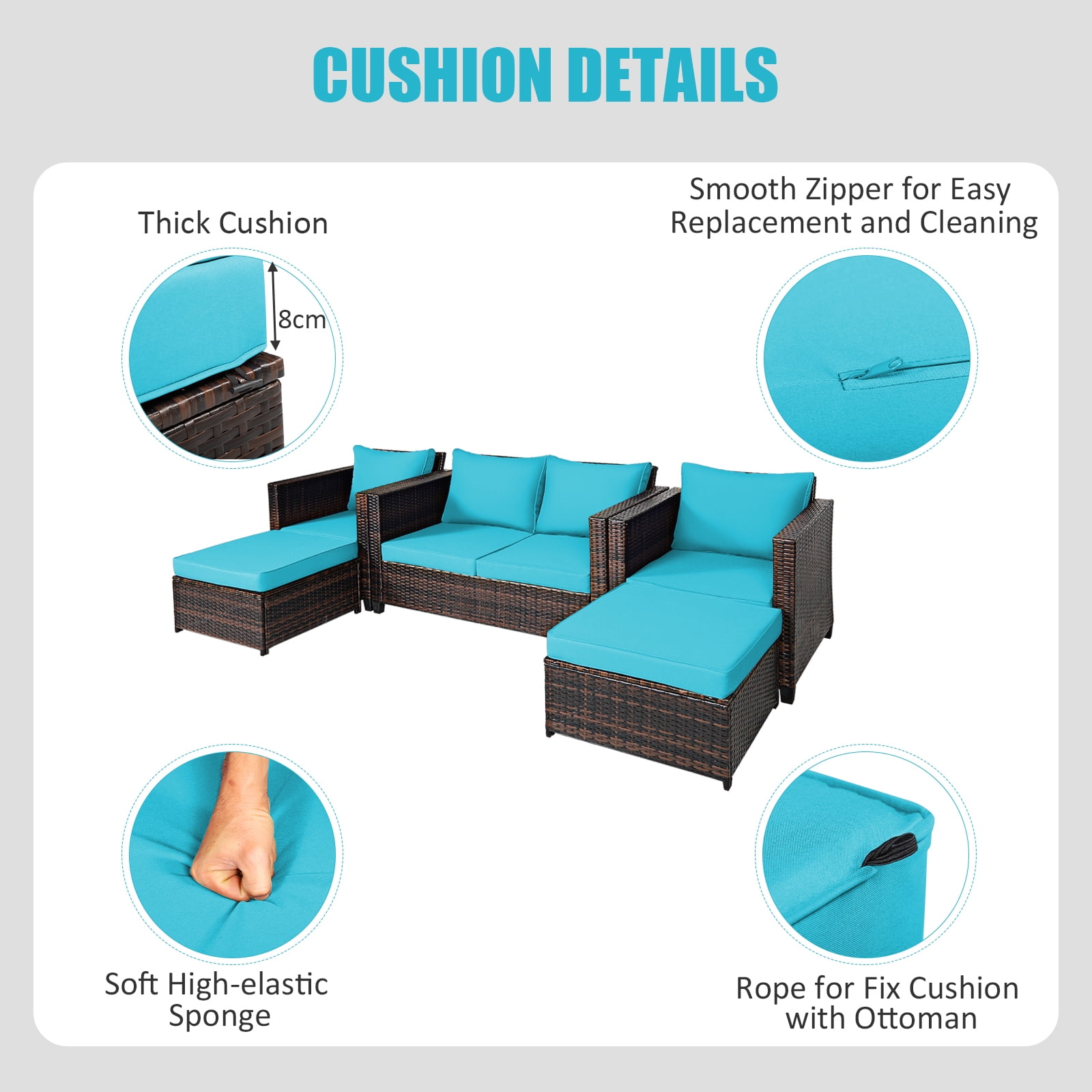 Gymax 5PCS Outdoor Patio Rattan Conversation Sofa Furniture Set w/ Turquoise Cushions