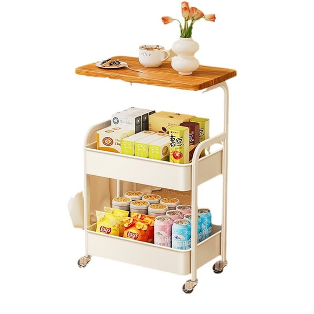 3-Tier Metal Rolling Utility Cart with Wood Top – Lockable Wheels, Mobile Storage Organizer for Kitchen, Office, Bedroom, Sturdy Frame, Space-Saving Design – White / Black