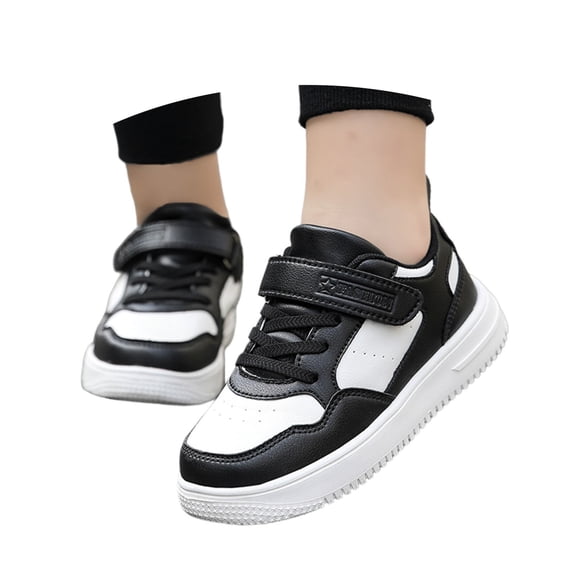 Djtdsds Kids Solid Color Leather-Look Sneakers Adjustable Strap Uniform-Friendly Casual Shoes Size:13-13.5 Years