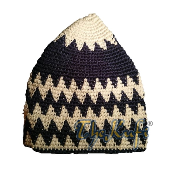 Hand-Crocheted Cotton Sturdy Off-White  Dark Blue Hounds-Tooth Zigzag Kufi Hat