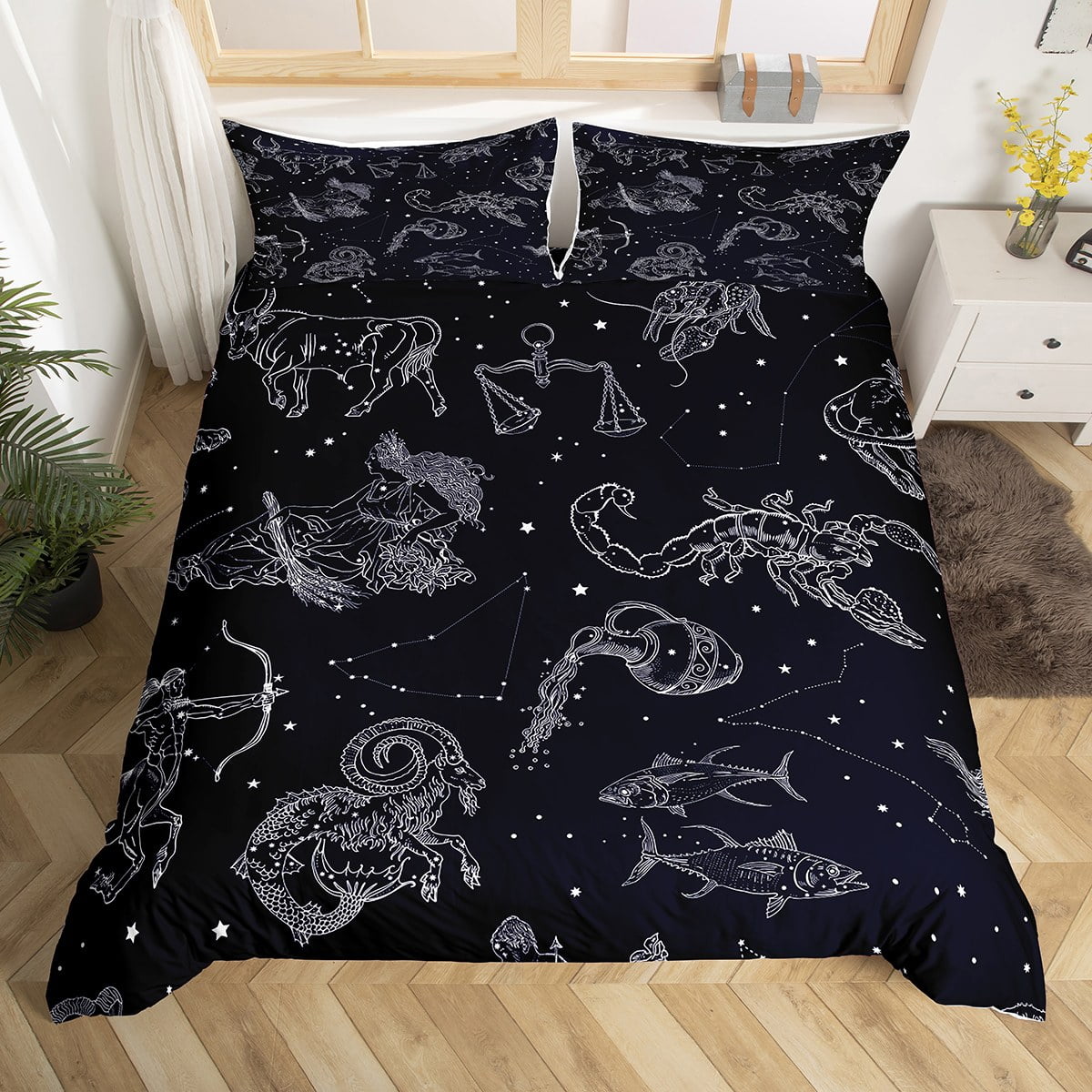 Black Constellation Comforter Cover Astrology Bed Set, Psychedelic