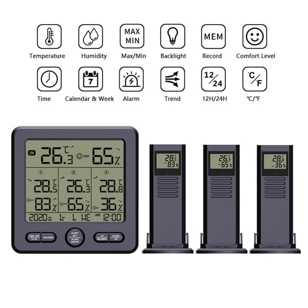 Termohigrómetro inalámbrico digital para interiores y exteriores con 3 sensores remotos, retroiluminación de 98 pies/ 30 m y calibración de alarma