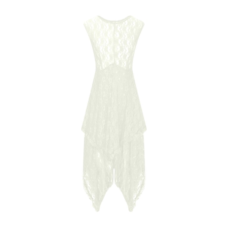 fanshangmao Summer Dress Long Formal Dresses Women Hippie Style Asymmetrical Lace Long Double Layered Ruffled Trimming Low V-Back Dresses, Women's