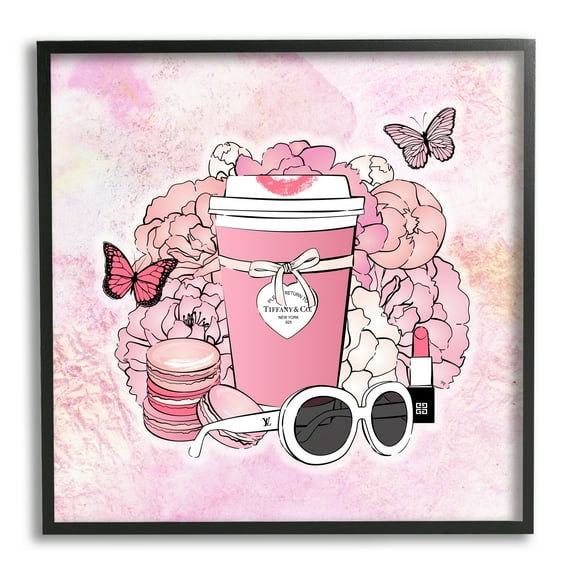 Stupell Industries Pink Glam Coffee & Accessories Botanical & Floral Painting Black Framed Art Print Wall Art, 12 x 12