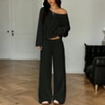 thumbnail image 2 of Stichou Women's 2 Piece Matching Lounge Sets Off The Shoulder 2026 Vacation Airport T Shirt with Flowy Wide Leg Pants Lightweight Long Sleeve Lounge Set Black 2XL, 2 of 7