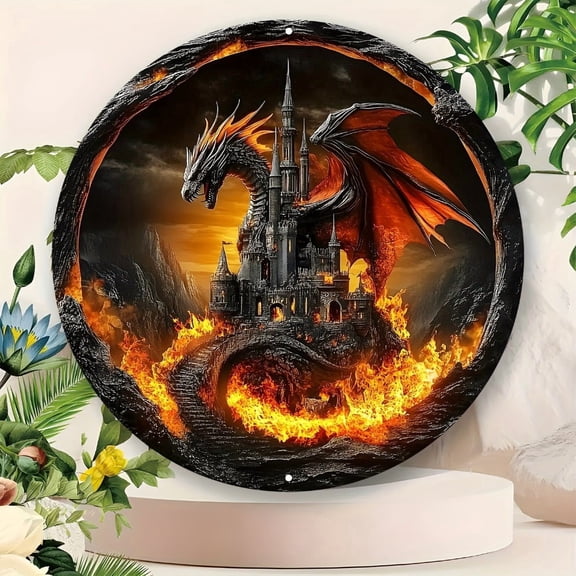 HELLOYOUNG Vintage Fantasy Dragon Castle Metal Wall Art 8x8 Inch Circular Aluminum Medieval Home Decor Glowing Eyes