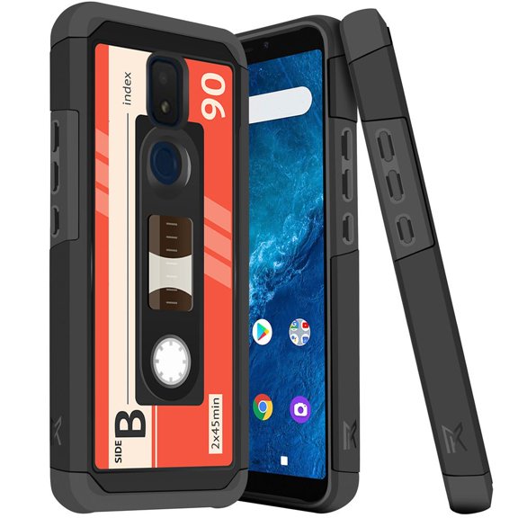ANJ Slim Dual Layer Hybrid Shockproof Case Tempered Glass Cover for Cricket Icon 3, Splendor, AT&T Motivate 2 - Retro Cassette 5