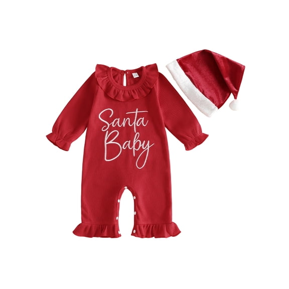 Cjfdfy Newborn Baby Girl Christmas Outfit Christmas Baby Letter Embroidery Knit Ruffle Collar Long Sleeve Jumpsuit And Santa Hat Set Infant Cute Christmas Fall Winter Outfits