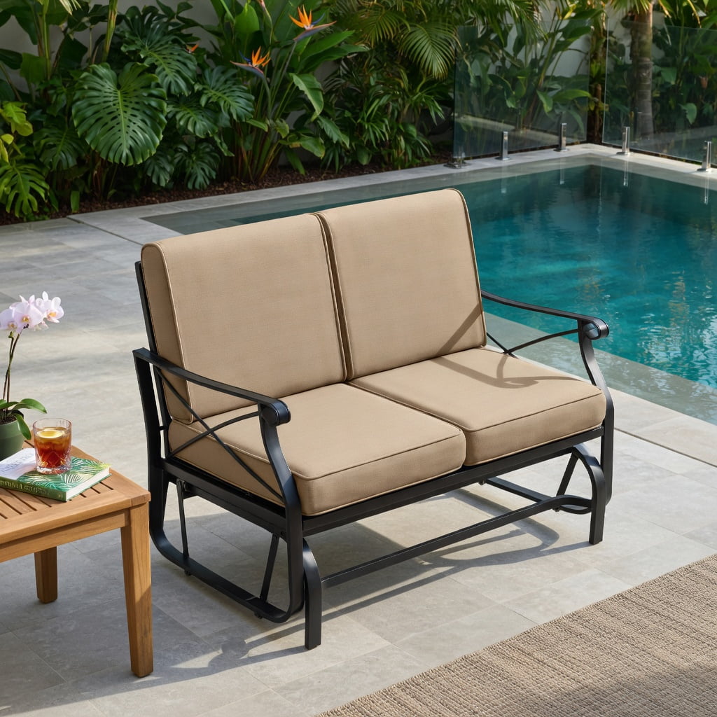 Hommoo 2-Person Outdoor Glider Rocking Loveseat with Thick 5.5" Cushions, Heavy-Duty Black Metal Frame, for Patio, Porch & Deck Seating, Gray