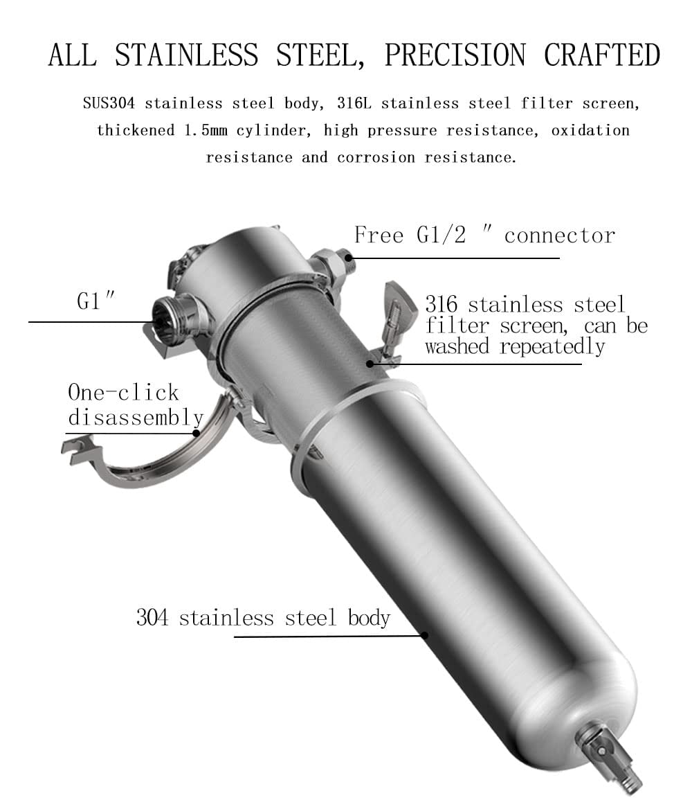 EQCOTWEA 20" Front Filter Water Purification for Whole House 304 Stainless Steel 15000L/h