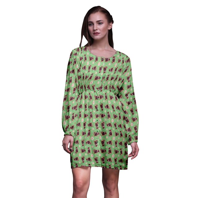 Bimba Robe Midi à Boutons Feuilles Vertes & Roses Florales Tunique Femme Manches Longues Smockée - Grande