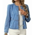 thumbnail image 3 of Women'S Peplum Denim Jackets Collarless Round Neck Button Down Cropped Ruffle Hem Jacket Blue XL, 3 of 8