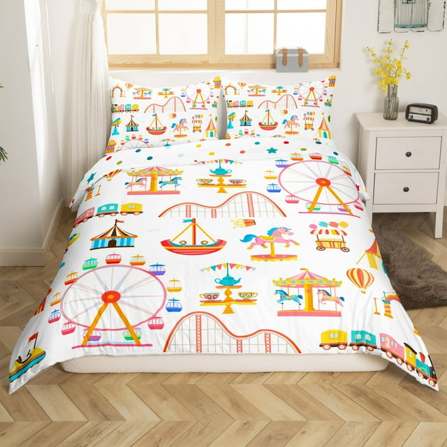 Ensemble de Literie Orange Parc d'Attractions Dessin Animé Train Grande Roue Housse de Couette Enfants Ados Carrousel Cheval Véhicule Housse d'Édredon Polyester Doux Chambre Housse de Courtepointe 3 Pcs Très Grand, Sans Édredon