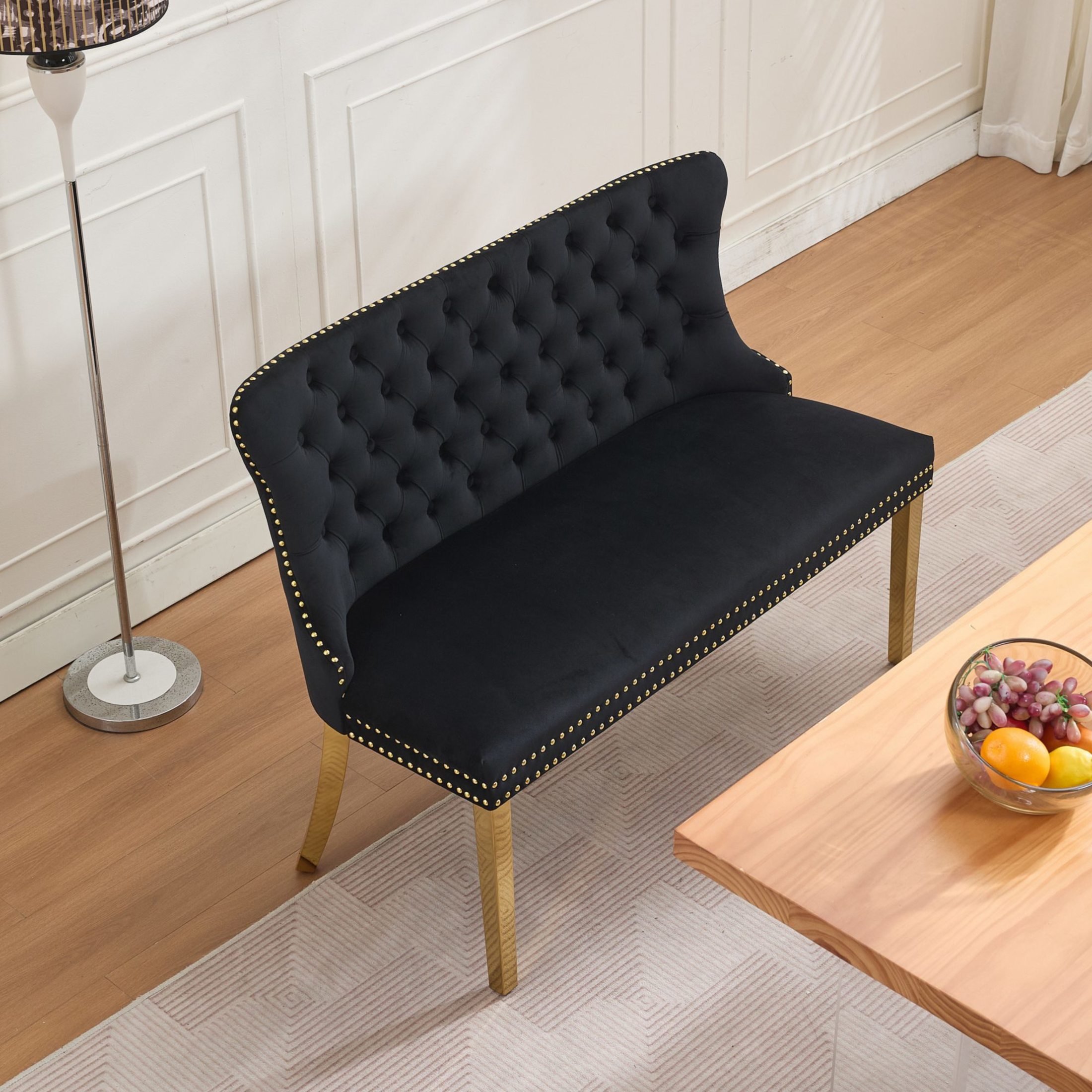 Noble House 2-Seat Velvet Dining Bench, Tufted Wingback Upholstery, Steel Legs, Black + Gold