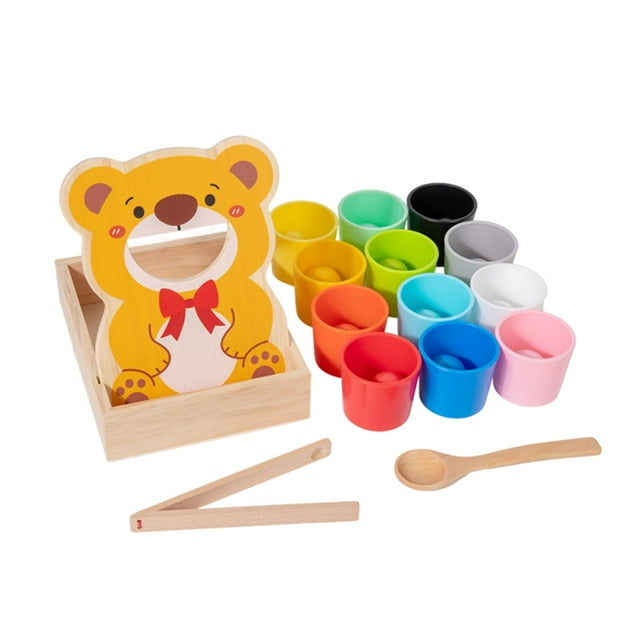 Juguete de madera para comer, juguetes educativos, juguetes sensoriales, juguete para niños pequeños con cuchara. Vasos de 8 colores