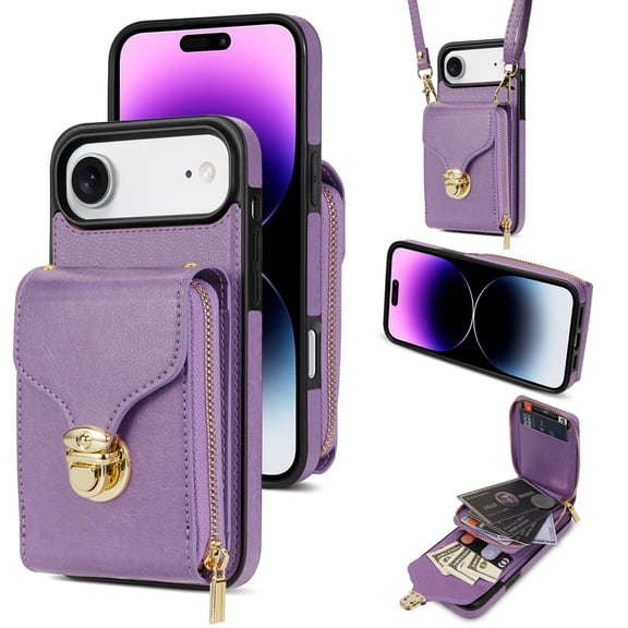 for iPhone Air Case Wallet with Shoulder Strap for Women - Crossbody Lanyard,Zipper Pocket,Credit Card Holder,Shockproof - Metal Buckle Closure Premium PU Leather Case, Purple