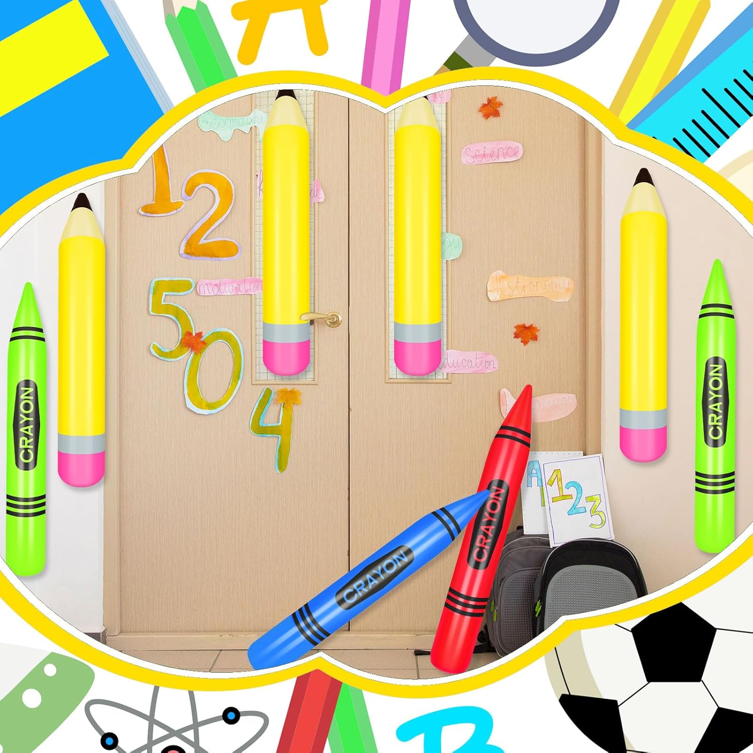 6 Pcs Back to Balloons Sets Include 27 Inch Penclis Balloon with 21.7 Inch Crayon Balloon for Back to Party Decoration Graduation Classroom Garden Room Birthday Party Decorations