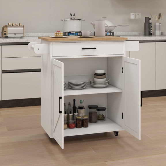 Gzxs Kitchen Cart with Rubber Wood Tabletop, 37.99" Rolling Kitchen Island with Drawer and Adjustable Shelf, 2-Doors Storage Cabinet with Spice Rack and Towel Bar for Dining Room Living Room, White