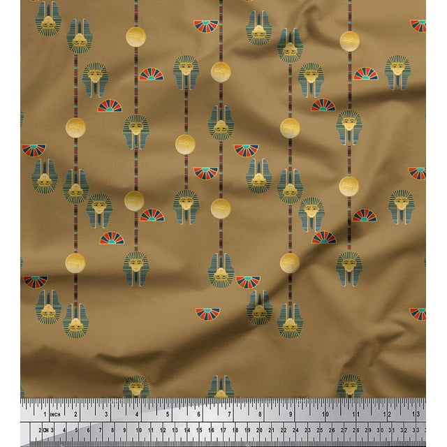 Soimoi Brown Georgette Viscose Fabric Coin & Women Head Egyptian Print Fabric by the Yard 42 Inch Wide