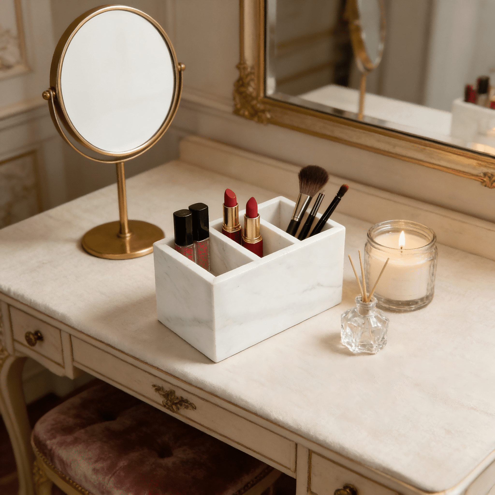 Calacatta Viola Natural Marble Desk Organizer - 3-Compartment Stone Storage Holder with Non-Slip Base for Pens, Makeup Brushes, Office Supplies & Bathroom Tools