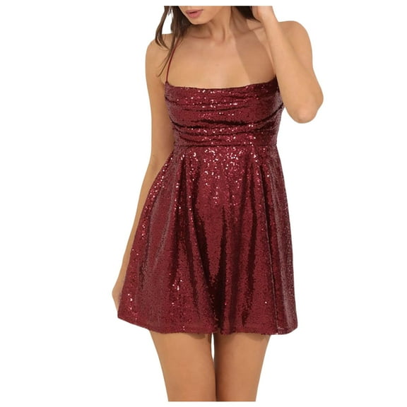 WENWU Women's Glitter Sequin Mini Dress Sparkling Backless Spaghetti Strap A Line Dress for Beach Streetwear Summer Dress Short Sleeved Dresses Women
