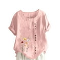 thumbnail image 2 of DYTTDG Women's Floral Print Linen Blend Top, Casual Summer T-Shirt With Crew Neck Short Sleeve Button, 2 of 4