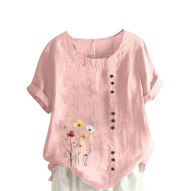 Vestidos Casuales Para Mujer, Blusas De Mujer De Moda Blusa informal de lino con cuello redondo y manga corta con botones para mujer