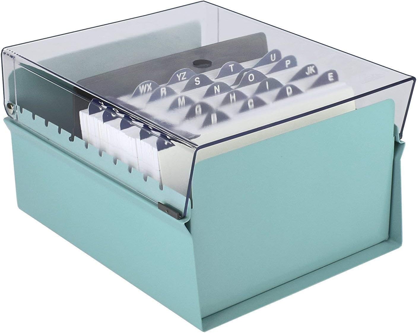 Acrimet 5 X 8 Card File Holder Organizer Box Metal Base Heavy Duty (AZ Index Cards and Divider Included) (Green Color with Clear Crystal Plastic Lid Cover)