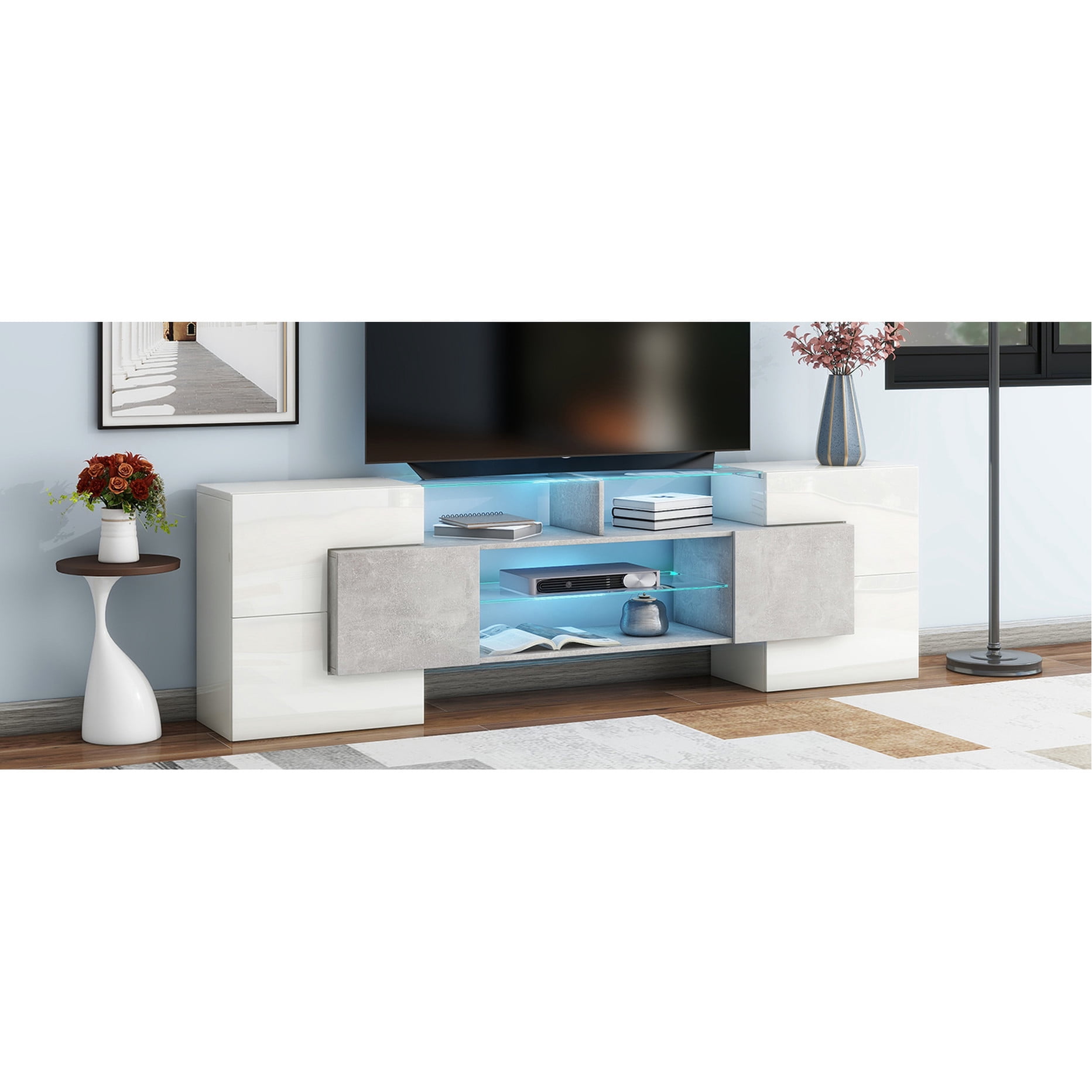 TV stand made of durable particle board with LED lights for storing multimedia in home