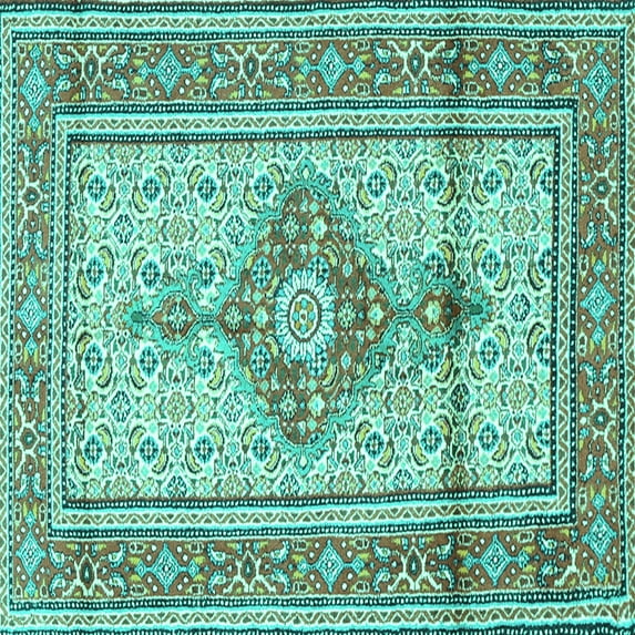 Ahgly Company Machine Washable Indoor Square Medallion Turquoise Blue Traditional Area Rugs, 5' Square