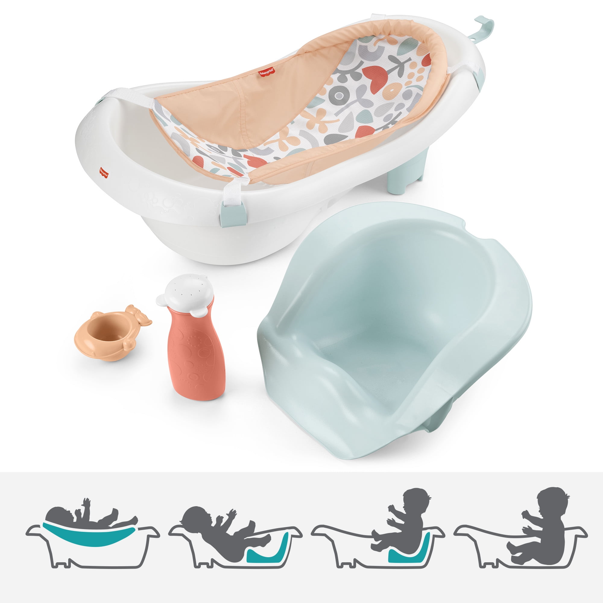 Fisher-Price Baby to Toddler Bath 4-in-1 Sling ‘n Seat Tub with Removable Infant Support and 2 Toys, Summer Blossoms