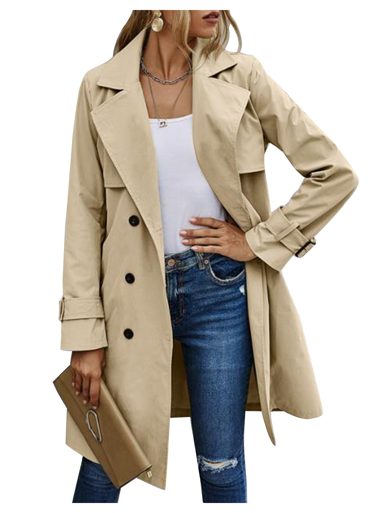 Spring hue Women Jacket Long Sleeve Lapel Double Breasted Belted Trench Coat - image 2 of 5