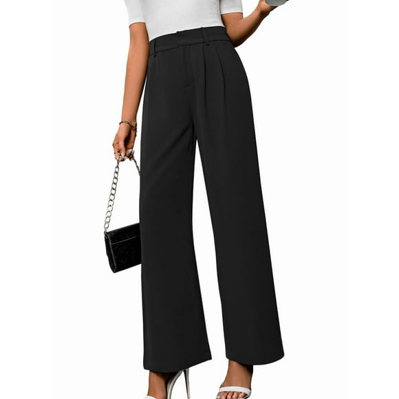 Wide Leg Stretchy Work Pants Women Pull on Dress Pants High Waisted Business Casual Trousers Slacks Black L
