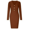 thumbnail image 4 of IROINNID Cocktail Dress for Women Wedding Guests Dresses for Women Knit Long Sleeve V-Neck Pack Hip Button Dress ,Brown, 4 of 5